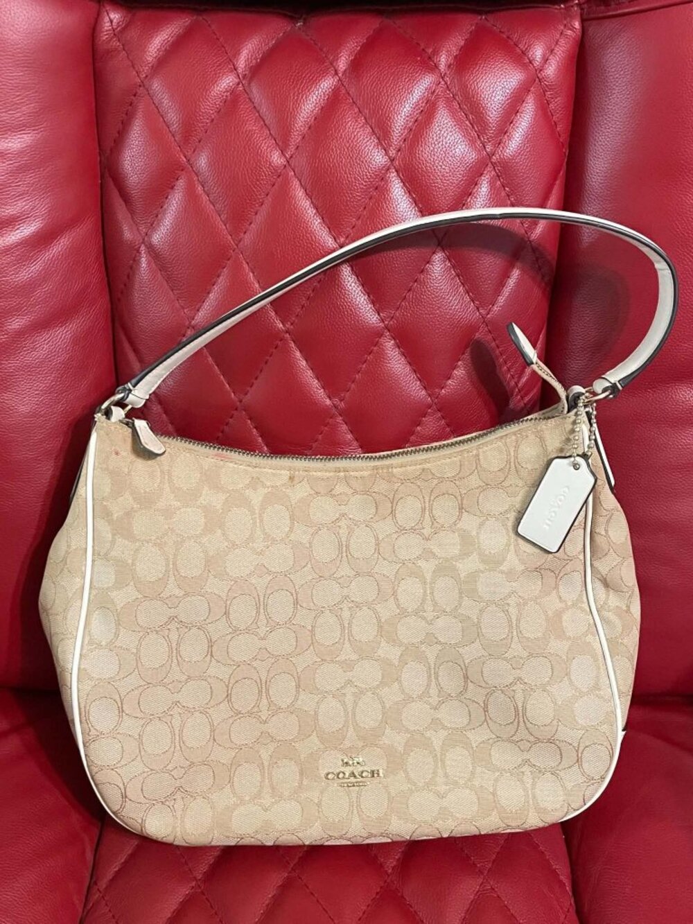 Coach Signature Purse Jacquard Canvas Zip Top Tote/ Shoulder Bag Style F29959